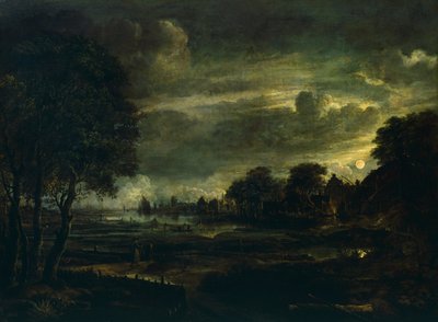 Dorp in maanlicht, door Aert van der Neer door Aert van der Neer