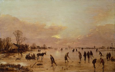 Winterlandschap bij zonsondergang door Aert van der Neer