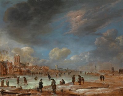 Winterlandschap bij een stad met kolfspelers door Aert van der Neer