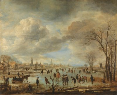 Winterlandschap bij een Stad met Kolfspelers en Paardensleeën door Aert van der Neer