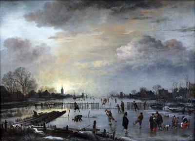 Winterlandschap met schaatsers door Aert van der Neer