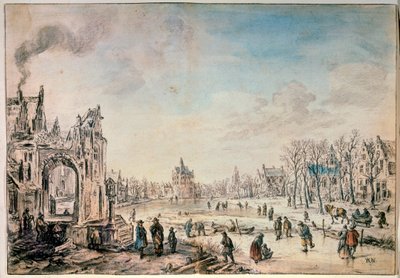 Winterlandschap met schaatsers, Nederlandse schilderij uit de 17e eeuw door Aert van der Neer