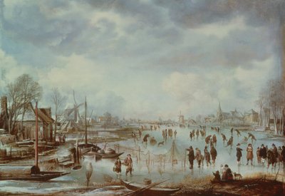 Winterscène met schaatsende figuren door Aert van der Neer