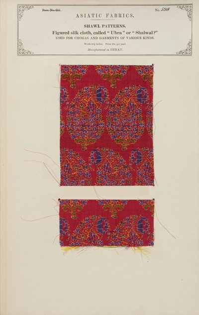 Geweven zijden doekmonster gemaakt in Herat, uit De Collectie van de Textielfabrikanten van India, door John Forbes Watson, gepubliceerd in 1866 door Afghan School