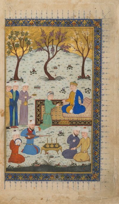 Folio uit een onbekende tekst; verso: Een prins op de troon omringd door bedienden, Herat, Afghanistan, ca. 1425-30 door Afghan School