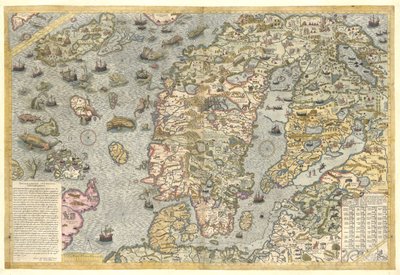 Een getrouwe reproductie van Carta marina (een wandkaart van Scandinavië door Olaus Magnus gepubliceerd in 1539) door After Olaus Magnus