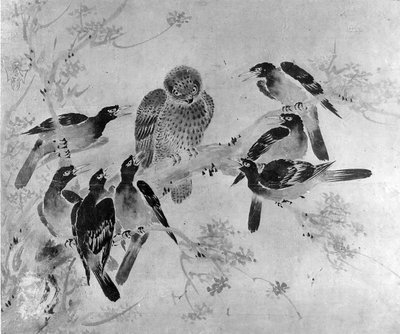 Mynah Vogels die een Uil Aanvallen, waarschijnlijk 19e eeuw door after Sesson Shūkei