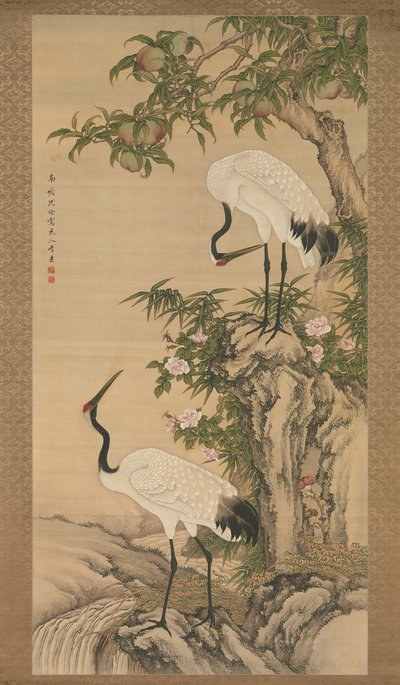 Kraanvogels, perzikboom en Chinese rozen, begin 18e eeuw door After Shen Quan