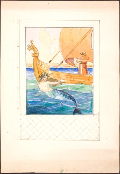 Illustratie voor Oehlenschläger met zeemeermin en een koning op een schip ingepast in kaderontwerp door Agnes Slott Møller