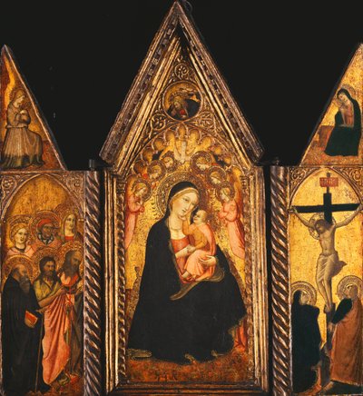 Een draagbaar drieluik met de Madonna en Kind op de troon met engelen door Agnolo Gaddi