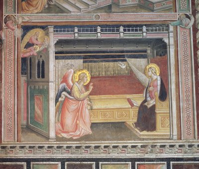 De Annunciatie (detail) uit de cyclus van Het Leven van de Maagd en de Heilige Gordel, uit de Cappella della Sacra Cintola door Agnolo Gaddi