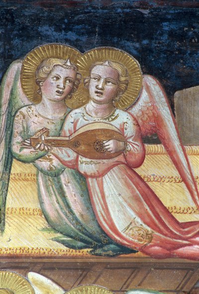 Twee muzikale engelen, een detail uit Het leven van de Maagd en de Heilige Gordel, uit de Kapel van de Heilige Gordel, 1392-95 door Agnolo Gaddi