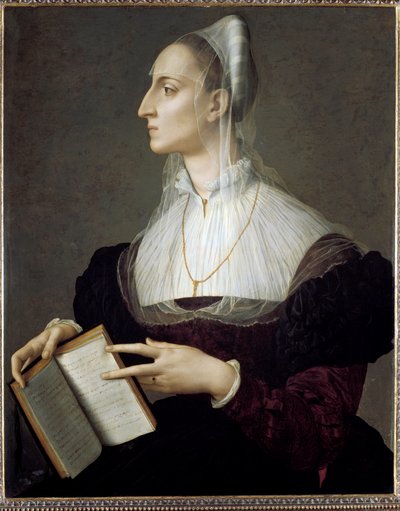 Portret van de Italiaanse dichteres Laura Battiferri die de sonnetten van Petrarca leest door Agnolo Bronzino