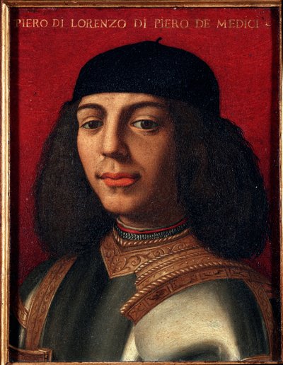 Portret van Peter II van Medici (1472-1503) (Piero di Lorenzo de Medici of Piero de Ongelukkige) Italiaanse politicus en militair, zoon van Lorenzo de Magnifieke Schilderij door Agnolo Allori genaamd de Bronzino (1503-1572), olieverf op koper Dim 15x12 cm door Agnolo Bronzino