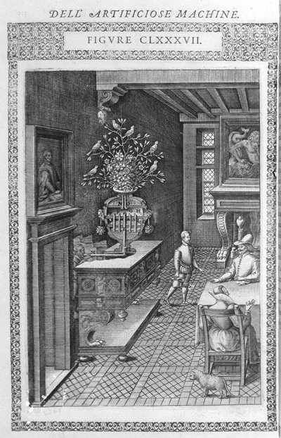 Fontein met nepvogels die zingen. Dit is een project van Agostino Ramelli, volgens “Diverse en Artificiose Machines”. Milaan 1600. door Agostino (after) Ramelli