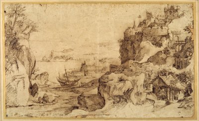 Neerwaarts uitzicht op een versterkte haven door Agostino (attr. to) Carracci