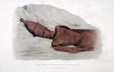 Kolossaal hoofd ontdekt in de ruïnes van Karnak door G. Belzoni, 1820 door Agostino Aglio