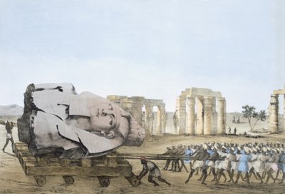 Wijze waarop het hoofd van de jonge Memnon werd verwijderd, uit platen ter illustratie van de onderzoeken in Egypte en Nubië, Giovanni Battista Belzoni, uitgegeven 1822 door Agostino Aglio