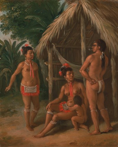 Een Caribisch gezin van de Benedenwindse Eilanden buiten een hut, ca. 1780 door Agostino Brunias