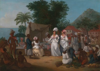 Een linnenmarkt met een linnenkraam en groenteverkoper in West-Indië door Agostino Brunias