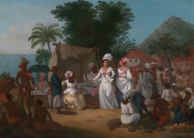 Een Linnenmarkt met een Linnenkraam en Groenteverkoper in de West-Indië, ca. 1780 door Agostino Brunias