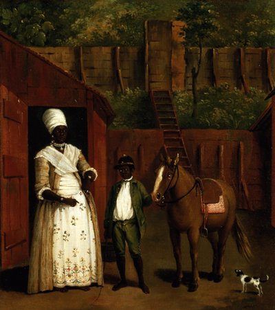 Een Zwarte Moeder en Zoon met een Pony buiten een Stal door Agostino Brunias