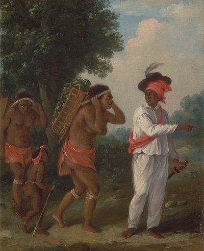 West-Indische man van kleur, die twee Caribische vrouwen met een kind leidt door Agostino Brunias