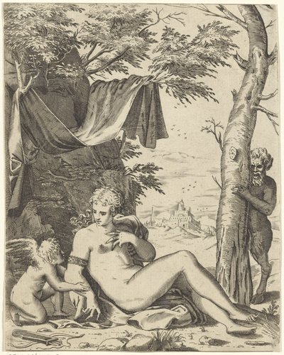 Venus, Amor en sater door Agostino Carracci (attributed to)