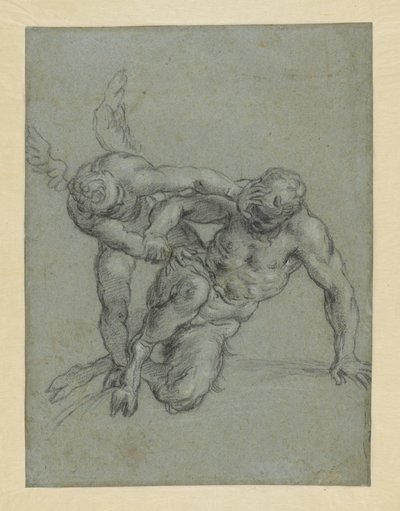 Cupido die Pan overmeestert (recto); Hoofd van een monnik; karikatuur van een man in profiel (verso) door Agostino Carracci