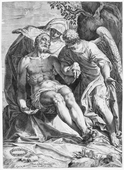 Pieta, Christus ondersteund door de Maagd en een engel aan de rechterkant door Agostino Carracci