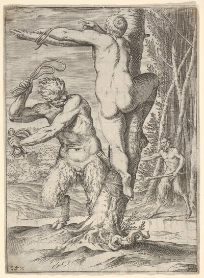 Sater geselt een nimf, die van achteren wordt getoond en aan een boom is gebonden, een tweede sater door Agostino Carracci