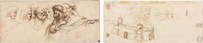 Studie van hoofden (recto); Getande vesting (verso) door Agostino Carracci