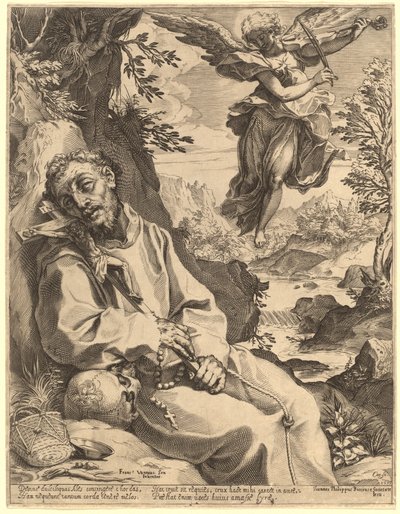 Sint Franciscus getroost door de muzikale engel door Agostino Carracci after Francesco Vanni