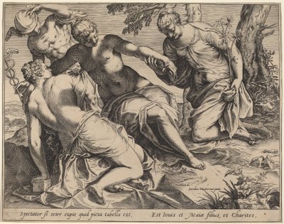 Mercurius en de drie Gratiën door Agostino Carracci after Jacopo Tintoretto