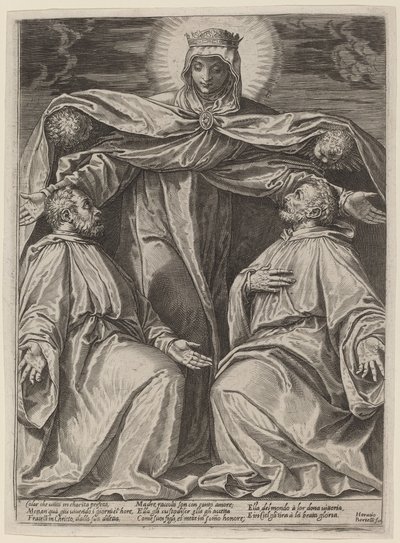 De Madonna die twee leden van een broederschap beschermt door Agostino Carracci after Veronese