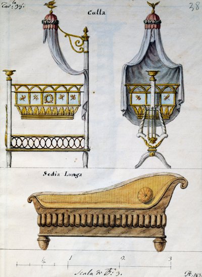 Babybed en sofa, uit Lavori di falegname e Fabbro ideati e disegnati da me Agostino Fantastici (Werken van timmerman en slotenmaker bedacht en ontworpen door mij Agostino Fantastici), manuscript 3, plaat 38 door Agostino Fantastici