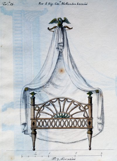 Hemelbed voor Alexander Saracenen, uit Lavori di falegname e Fabbro ideati e disegnati da me Agostino Fantastici (Werken van timmerman en slotenmaker bedacht en ontworpen door mij Agostino Fantastici), manuscript 3, plaat 18 (1782-1845) door Agostino Fantastici