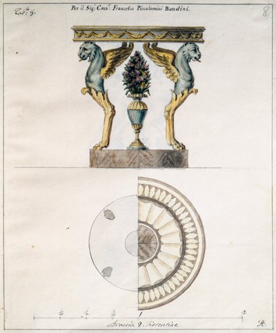 Salontafel ontworpen door Agostino Fantastici voor Francesco Piccolomini Bandini, tekening, Italië door Agostino Fantastici
