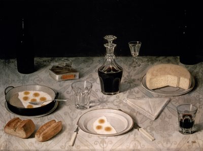 Stilleven met eieren, brood, kaas en wijn door Agostino Jose da Mota