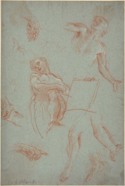 Blad met studies van figuren, handen en voeten door Agostino Masucci