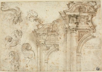 Blad met schetsen: Zeemonsters en uitgebreide portalen (recto); Schetsen van architectonische details (verso) door Agostino Mitelli