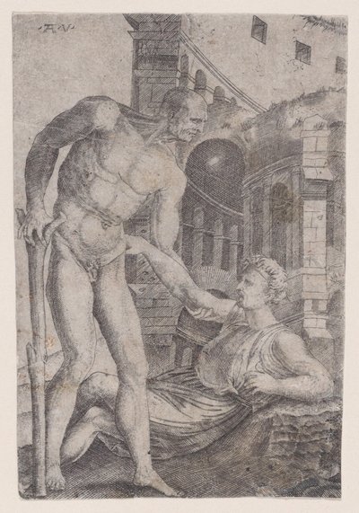 Een man helpt een ander op de been, ca. 1514-1536 door Agostino Veneziano