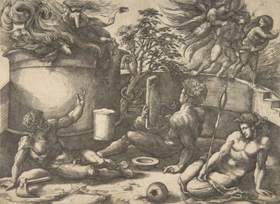 Kaïn die een spiegel vasthoudt en zijn offer ziet opgaan in vlammen, Adam en Eva zittend, ca. 1530-50 door Agostino Veneziano