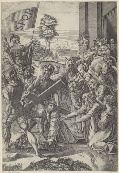 Christus bezwijkt onder het gewicht van het kruis door Agostino Veneziano
