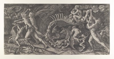 Lo Stregozzo: een vrouwelijke heks rijdend op een dierenskelet, voorafgegaan door twee mannen door Agostino Veneziano