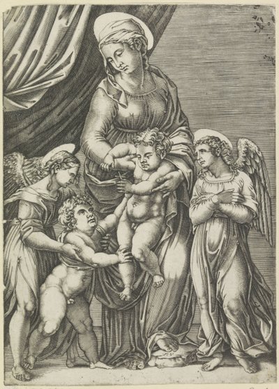 Maria met Kind en de jonge Johannes de Doper door Agostino Veneziano