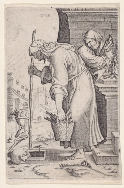Oude vrouw die het graf nadert door Agostino Veneziano