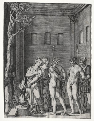 Orestes en Pylades gebracht naar Iphigenia voor offer door Agostino Veneziano