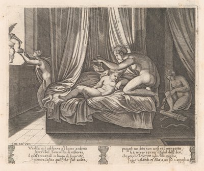 Psyche kijkt naar Cupido, uit het verhaal van Cupido en Psyche zoals verteld door Apuleius, 1530-60 door Agostino Veneziano