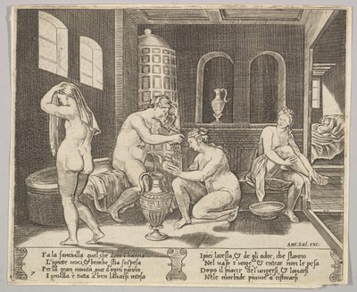 Psyche bediend in haar bad door nimfen, op de achtergrond rechts Psyche repr..., ca. 1520-36 door Agostino Veneziano